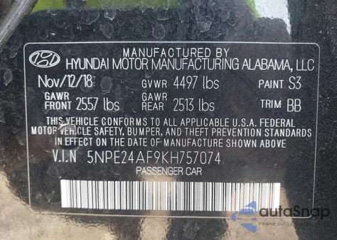 2019 Hyundai Sonata Se z USA, uszkodzony, nr VIN 5NPE24AF9KH757074